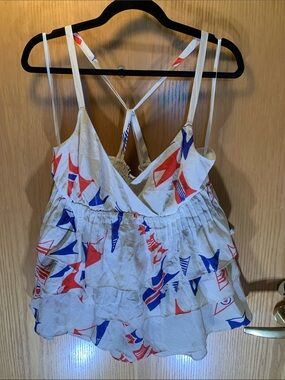 100% Silk Sleeveless Ruffle Tank Top - Red/Blue Print on Ivory- Size 12